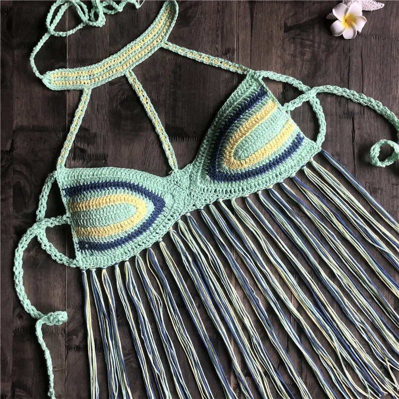 Бикини Крючком черный сексуальный женский топ с кисточками Boho пляжный купальник бахрома вязаная крючком бикини бюстгальтер с бретельками
