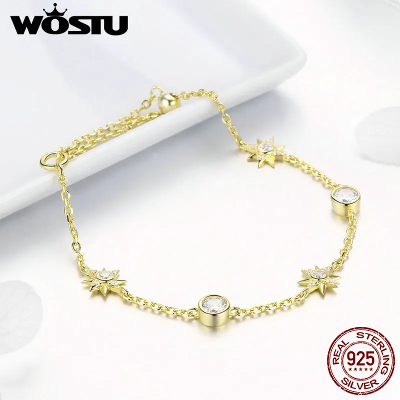 WOSTU Fashion Sterling Silver 925 Bracelets Gold Color Shining Star Zircon Chain Link For Women Jewelry DXB122 | Украшения и