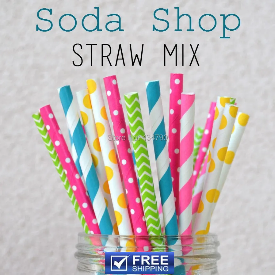 

250pcs Mixed 5 Designs Soda Shop Paper Straws, Yellow, Teal Blue, Deep and Hot Pink, Lime Polka Dot, Swiss Dot, Chevron, Striped