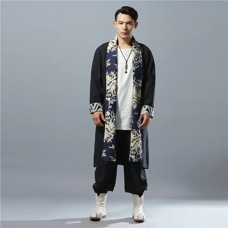 

Spring Autumn Mens Trench Coat Hit Color Dragon Casual Capes Flax Cardigan Windbreaker Long Coat Tranchee Manteau Hommes