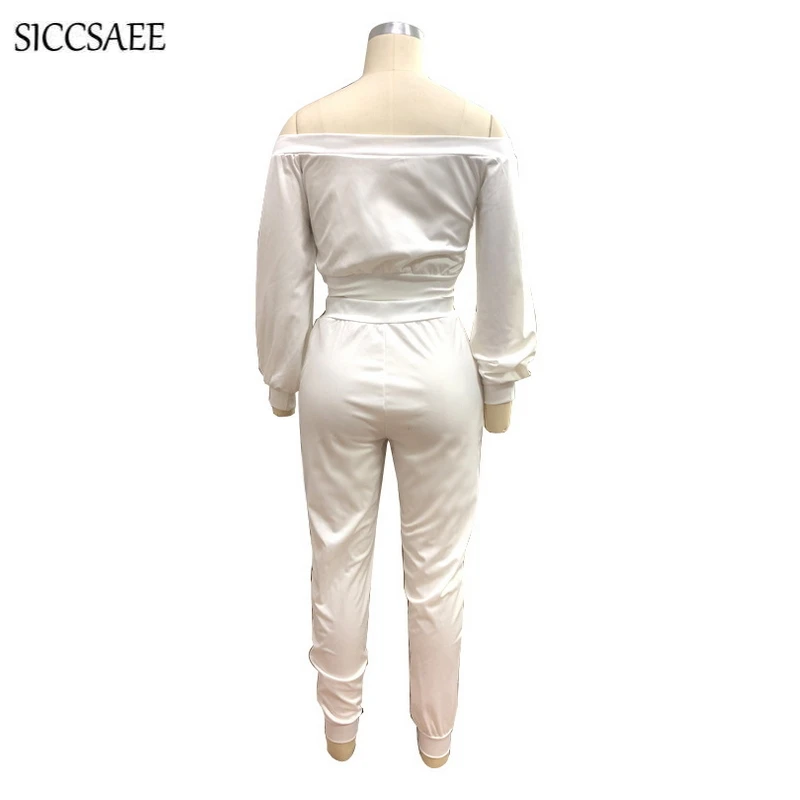 Backless Crop Top Off Shoulder Slash Neck Ribbons Lace Up Long Pants Suits Two Piece Set Women's Sexy Casual Outfits White Fall | Женская