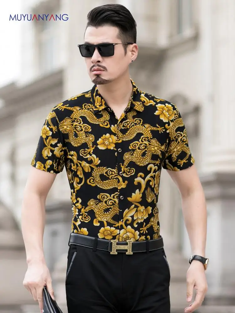 2020 Летняя мужская рубашка брендовая дизайнерская китайская с принтом дракона