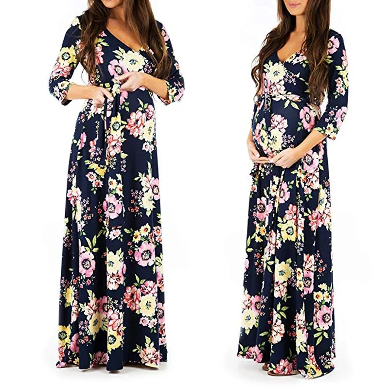 

Women's Wraped Ruched Maternity Dress Flower Printed Comfortable V-Neck Adjustable elegant Gown Dress pregnancy woman clothing
