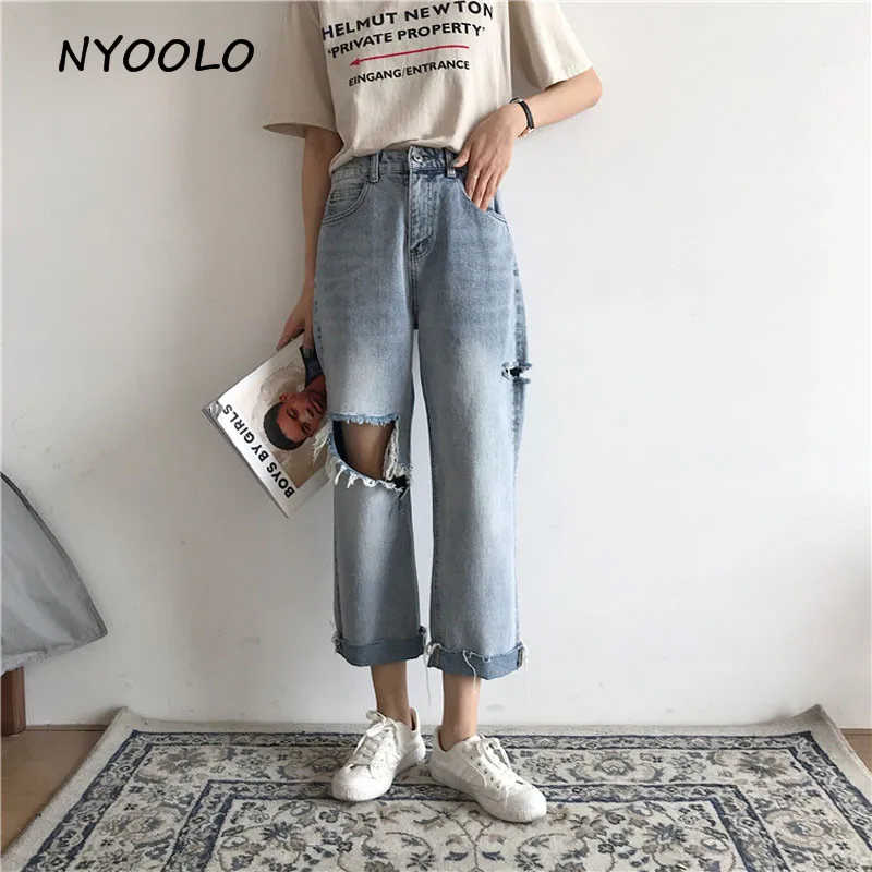 NYOOLO High street 2018 женские рваные свободные прямые джинсовые брюки бойфренды джинсы