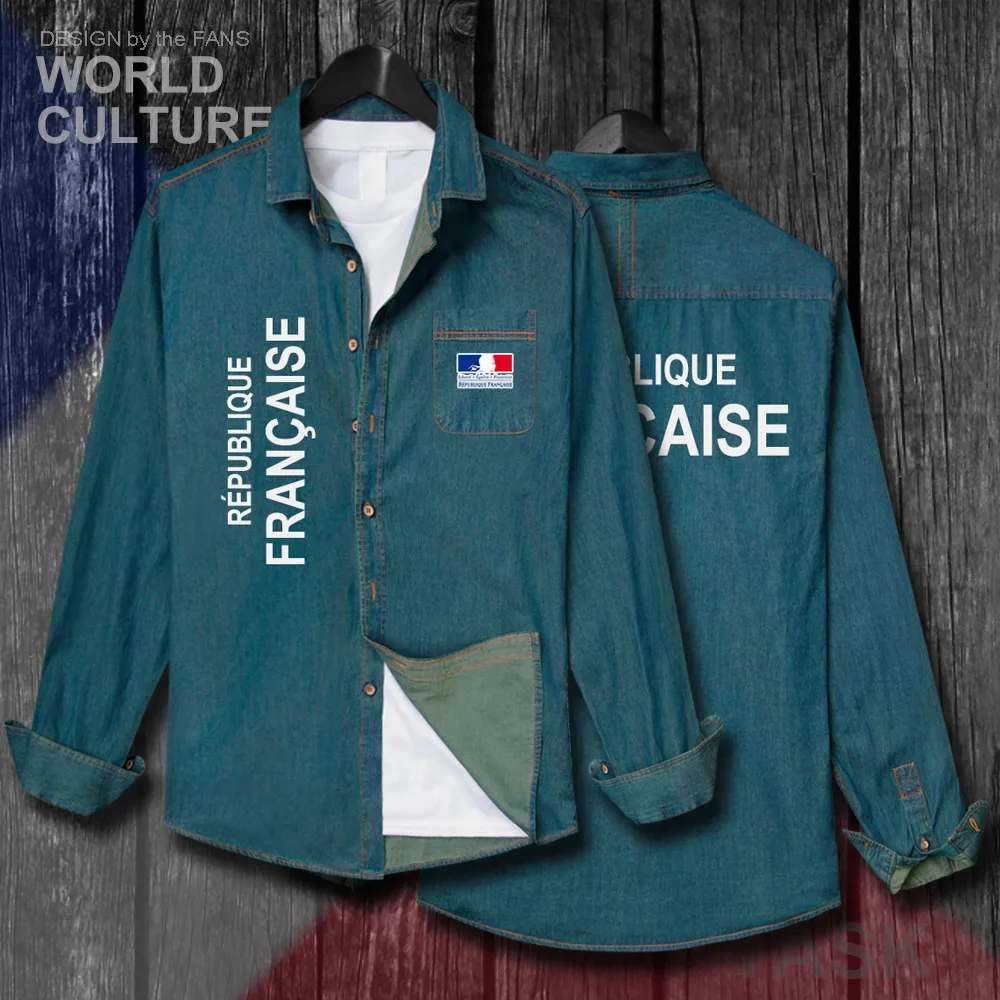 

France French Republic FRA FR Jacket Men Clothes Autumn Long Sleeve Cowboy Coat Fashion Turn-down Collar Jeans Shirt Tops New 20