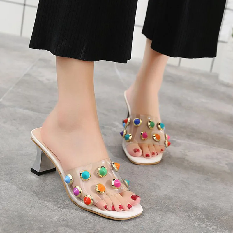 2018 Стиль Лето Для женщин тапочки Прозрачные туфли на высоком каблуке Шлёпанцы