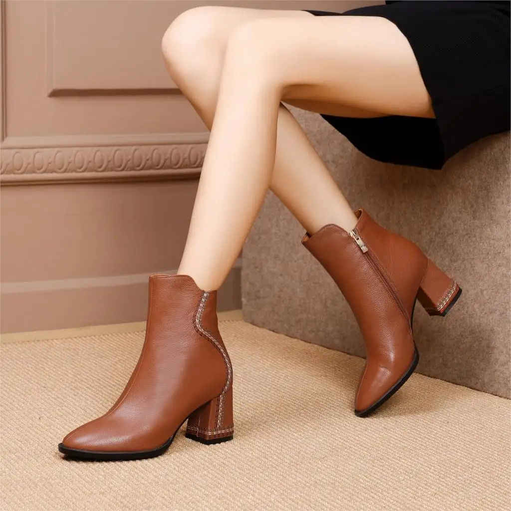 

WETKISS Thick High Heels Women Ankle Boots Square Toe Footwear Sewing Booties Fashion Zip Cow Leather Female Shoes 2018 Winter