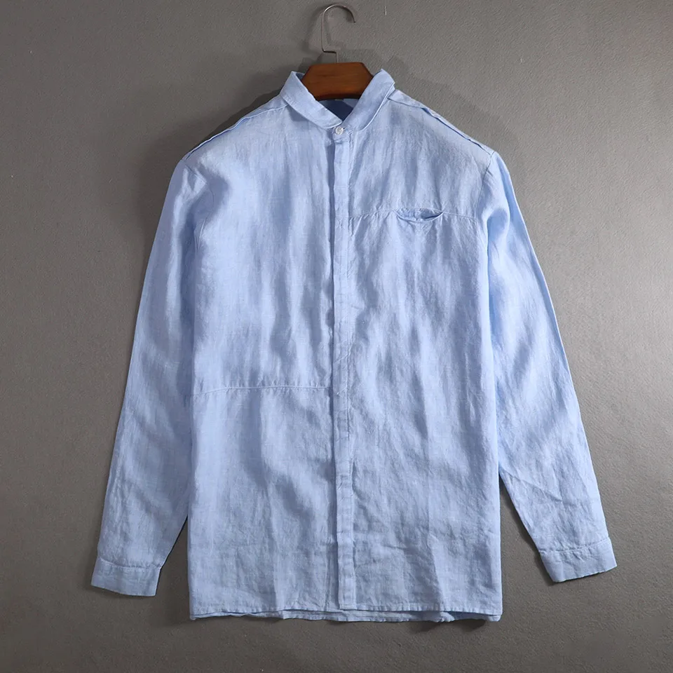 

New linen shirt men's turn-down round neck collar simple long sleeve casual shirt mens flax autumn shirts male chemise camisa