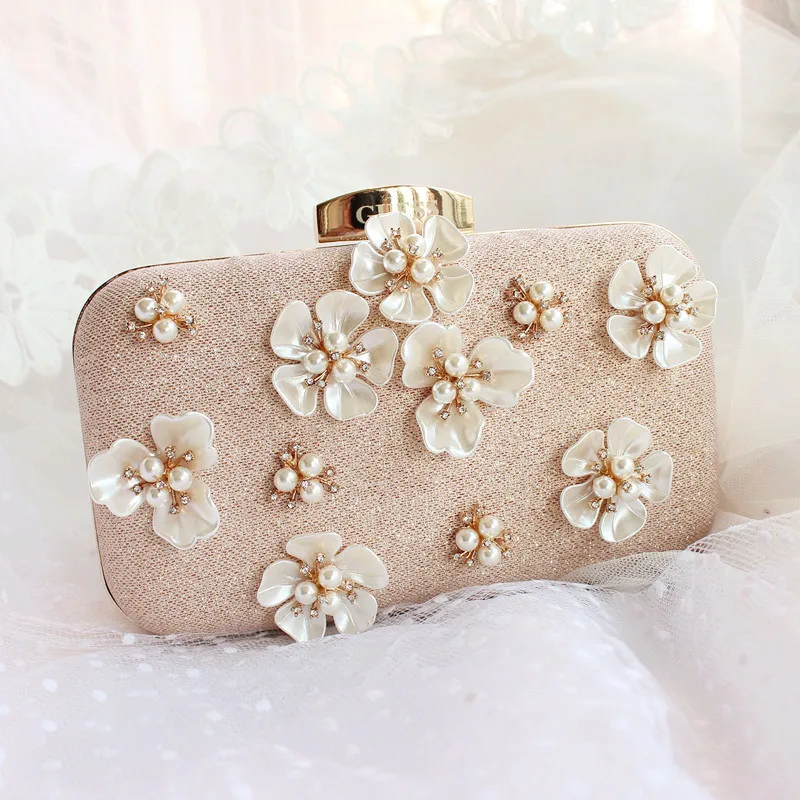 Элегантный Модный жемчужный мини золотистый клатч с бусинами и цветами для