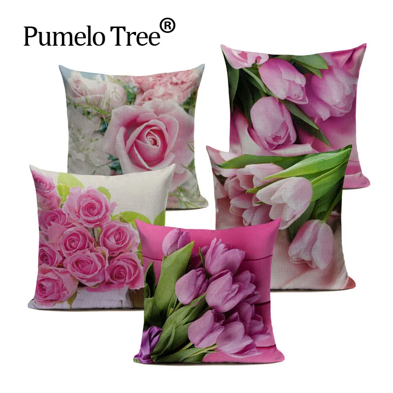 

Modern Country Style Pink Flower Linen Custom Cushion Cover Decorative Sofa Car Chair Pillow Case Rose High Quality Throw Pillow