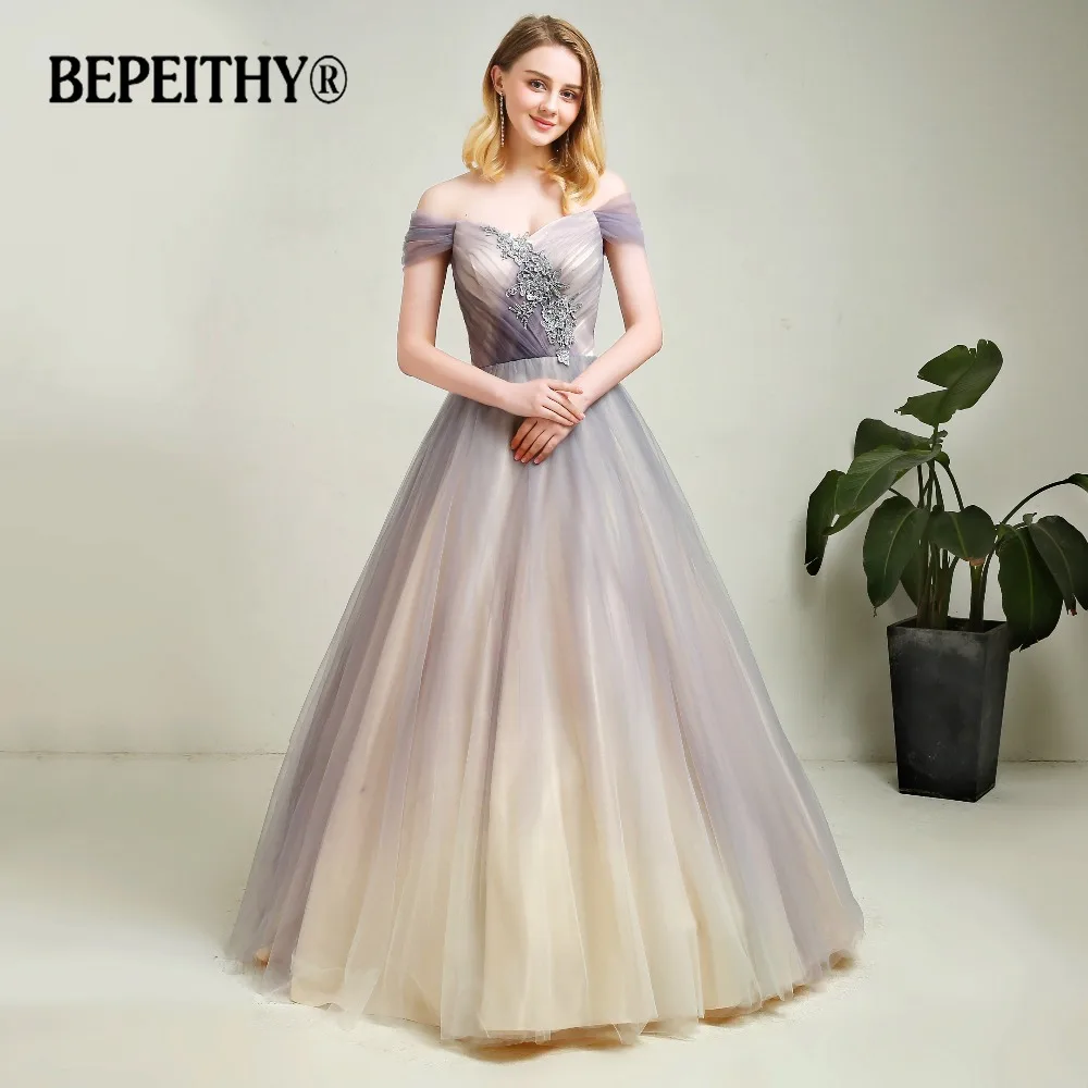 Новое поступление серое длинное вечернее платье из тюля с градиентом и кружевом