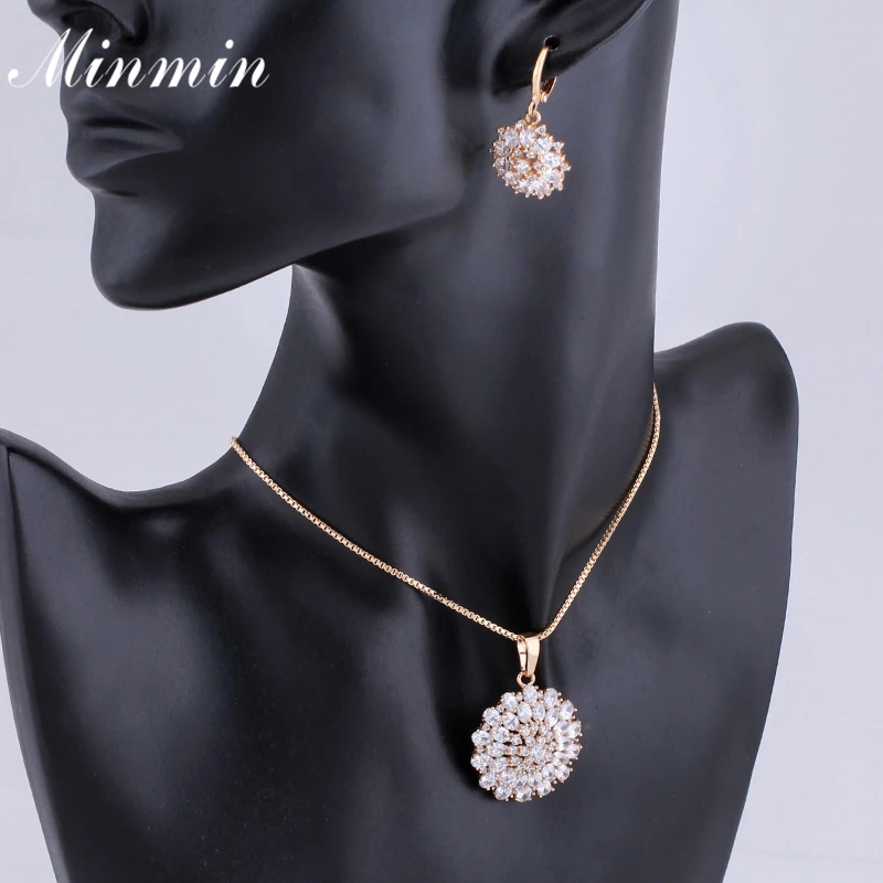 Minmin Bidal Jewelry Sets for Women Cubic Zircon Necklace Earrings Elegant Small Flowers Gold-color Accessory TL357 | Украшения и