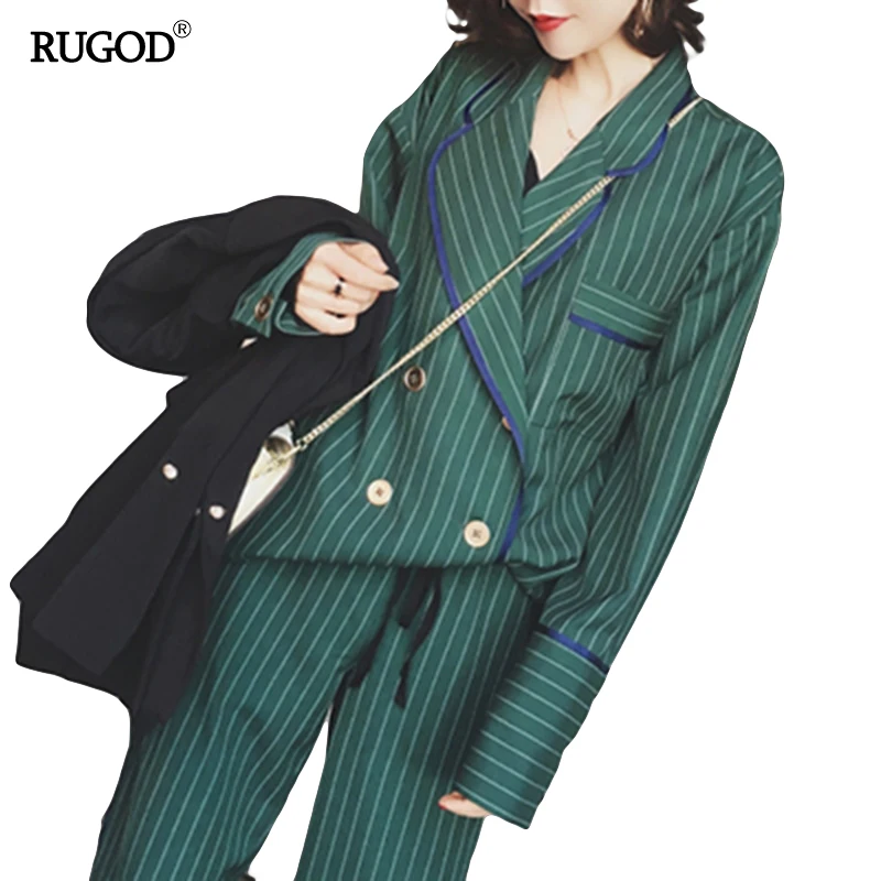 RUGOD 2021 New Arrival Fashion Pants Suits Women Blazer 2 Two Piece Set Striped Jacket & Pant Blazers Femme Mujer Plus Size