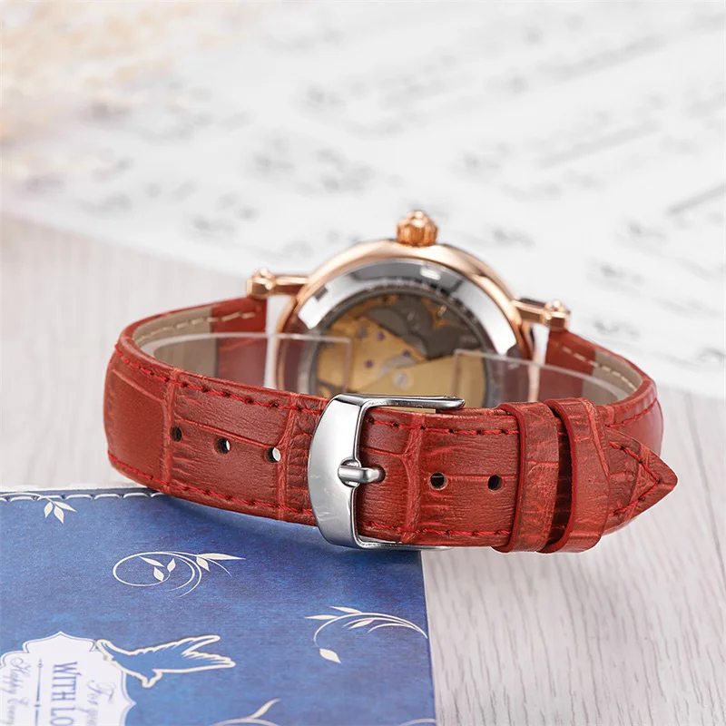 Часы OUYAWEI женские механические модные наручные с автоматическим кожаным