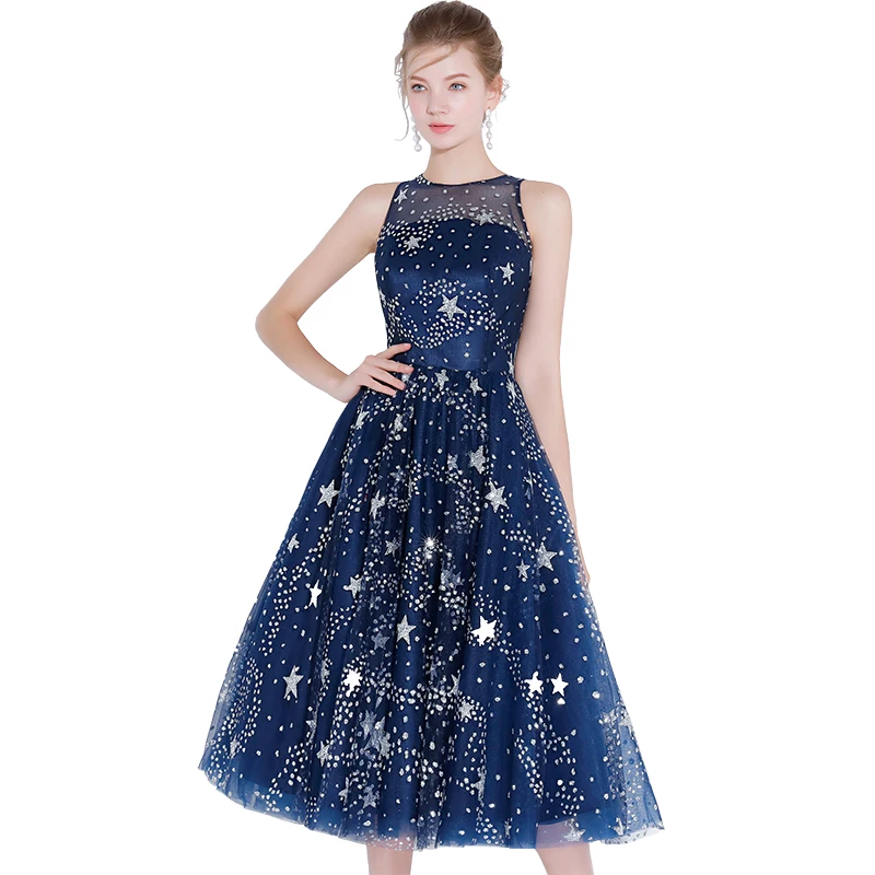 Robe De Soiree Новое банкетное элегантное голубое платье с О-образным вырезом, а-силуэт, шикарные вечерние платья на выпускной