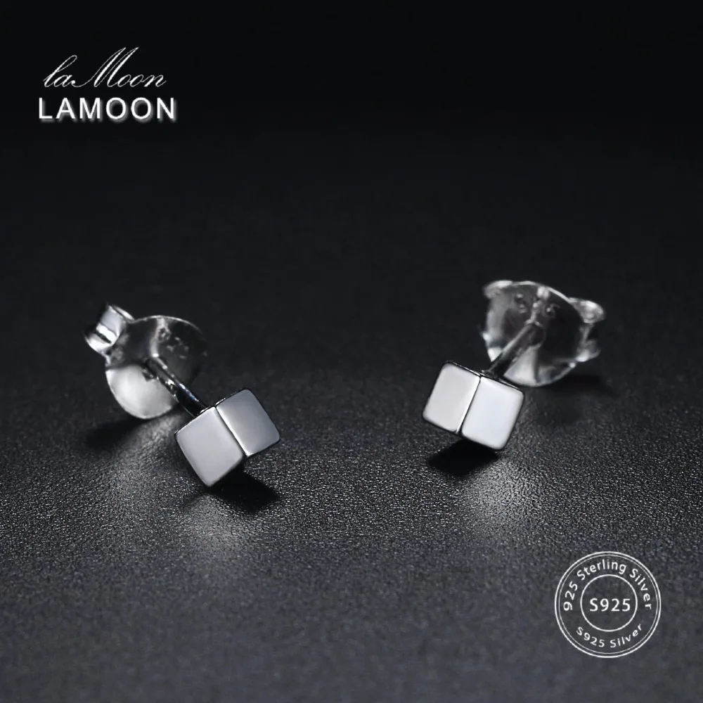 Женские серьги гвоздики LAMOON S925 гладкий кубик 100% Настоящее серебро 925 пробы
