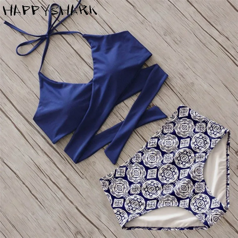 Wrap Body Bikinis Set 2018 New X Cross Bandage Halter Swimwear High Waisted Floral Printed Solid Strappy Push Up Swimsuit XL |