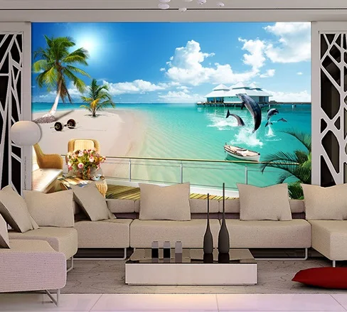 3D обои на заказ с изображением дельфина пляжа морского берега за телевизором