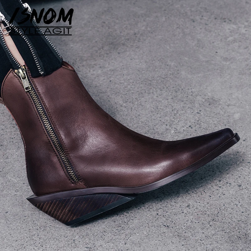 

ISNOM Cow Leather Ankle Boots Women High Heels Wood Bootie Fashion Square Toe Shoes Female Strange Style Zip Shoes Ladies Autumn
