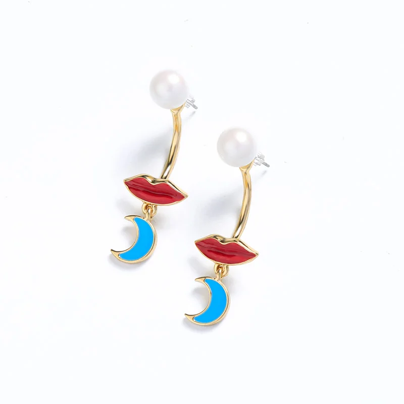 Banny Pink Cute Red Lip Blue Crescent Moon Pendant Earrings For Women Chunky Statement Dangle Free Wear Drop | Украшения и