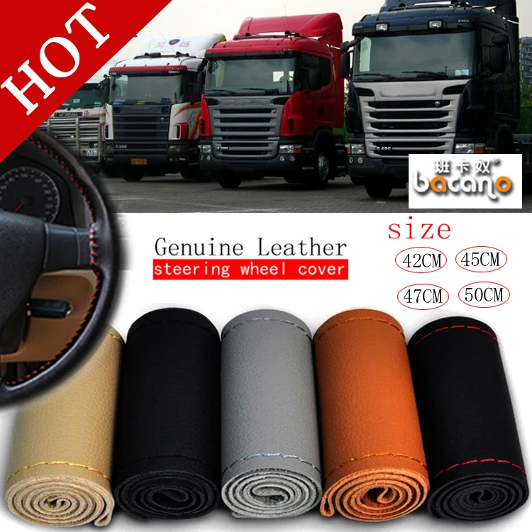 

Free Shipping 42cm 45cm 47cm 50CM Car Truck Steering Wheel Cover Truck Bus DIY Handmade Genuine Leather Steering Wheel Cover