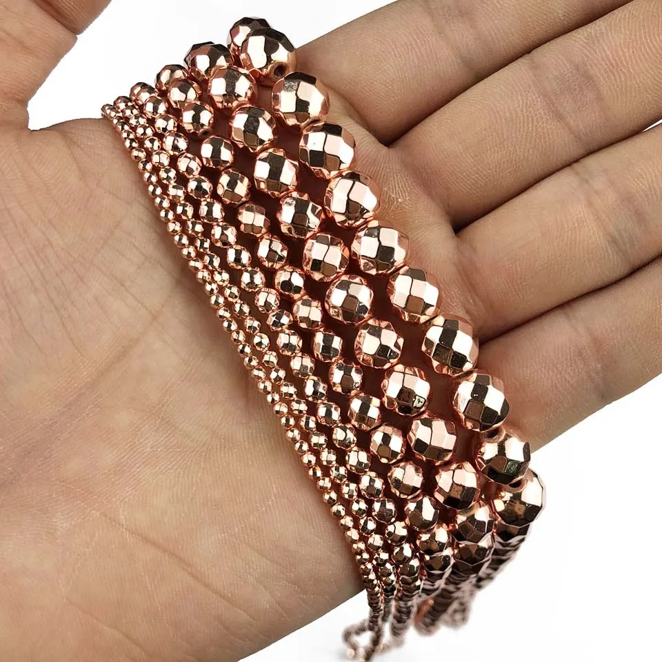 Rose Gold JHNBY, розовое золото, черный, серебряный, граненые круглые бусины из гематита, натуральный камень, 2~ 10 мм, свободные бусины, ювелирные изделия, браслет и ожерелье, сделай сам - Цвет: Rose Gold