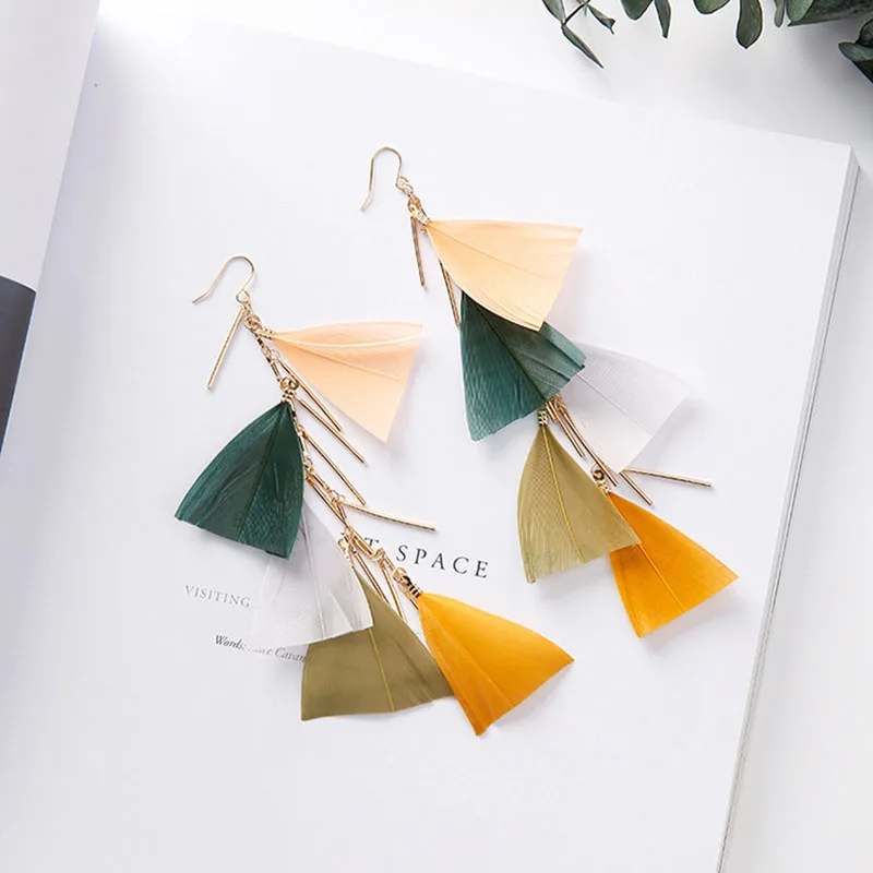 pierced Earrings JIOFREE Модная бижутерия в богемном стиле экзотические многоцветные длинное перо-кисточка Клипсы Серьги для женщин без пирсинга ювелирные изделия - Окраска металла: pierced Earrings