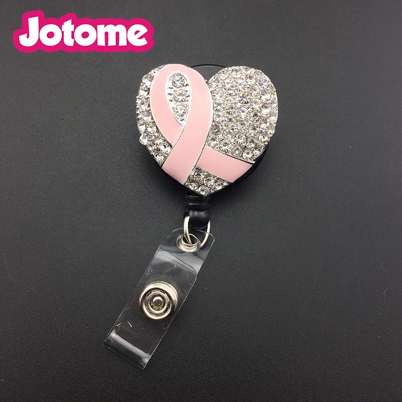 

10pcs/lot Nurse Retractable Breast Cancer Awareness Medical Silver Rhinestone Pink Ribbon Heart Badge Reel/ID Badge Holder