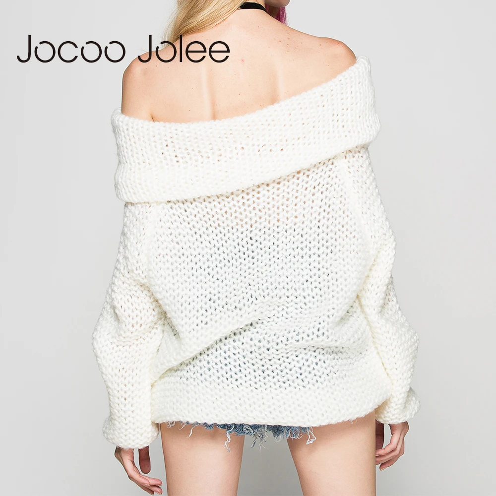Женский вязаный свитер Jocoo Jolee белый с длинным рукавом и открытыми плечами осень