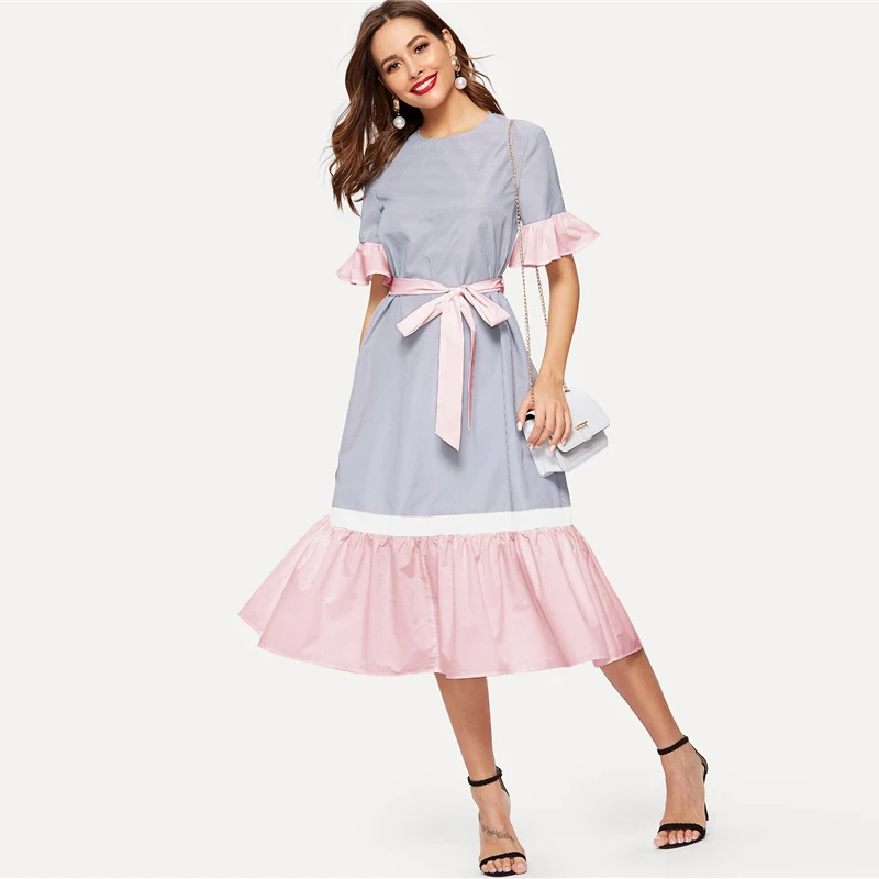 SHEIN модное платье в полоску с оборкой и цветным поясом,, Boho, весна-лето, короткое платье с воланом, рукав, туника, цельнокроеное женское платье