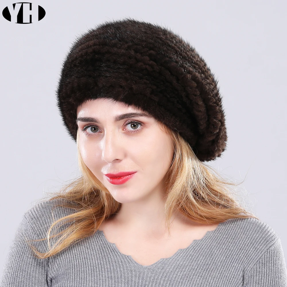 2019 new arrive women real mink fur Berets 100% handmade knit hat brand winter casual caps hot sale | Аксессуары для одежды