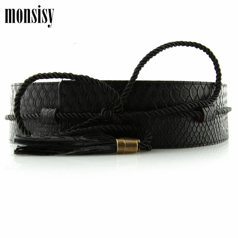

Monsisy Wide Belt For Women Cummerbund Snakeskin Tassel PU Leather Waistband Fashion Female Waist Belt Ladies Waist Band Belt