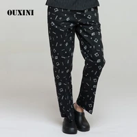 100 cotton kitchenware printing chef pants work pants black print chef work pants men and women chef trousers