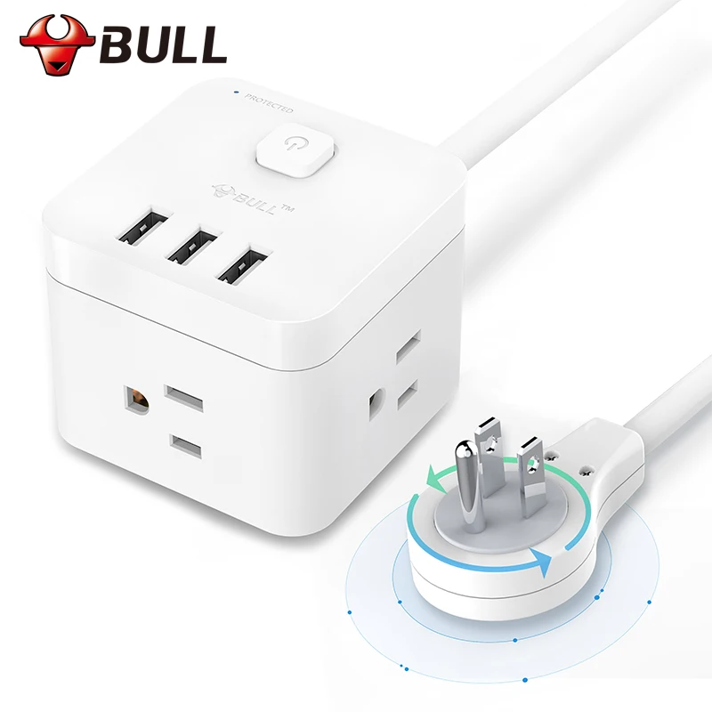 BULL Smart Power Strip Surge Protector with Rotating Flat Plug USB charging station for desktop 3 USB 3AC Extension Cord