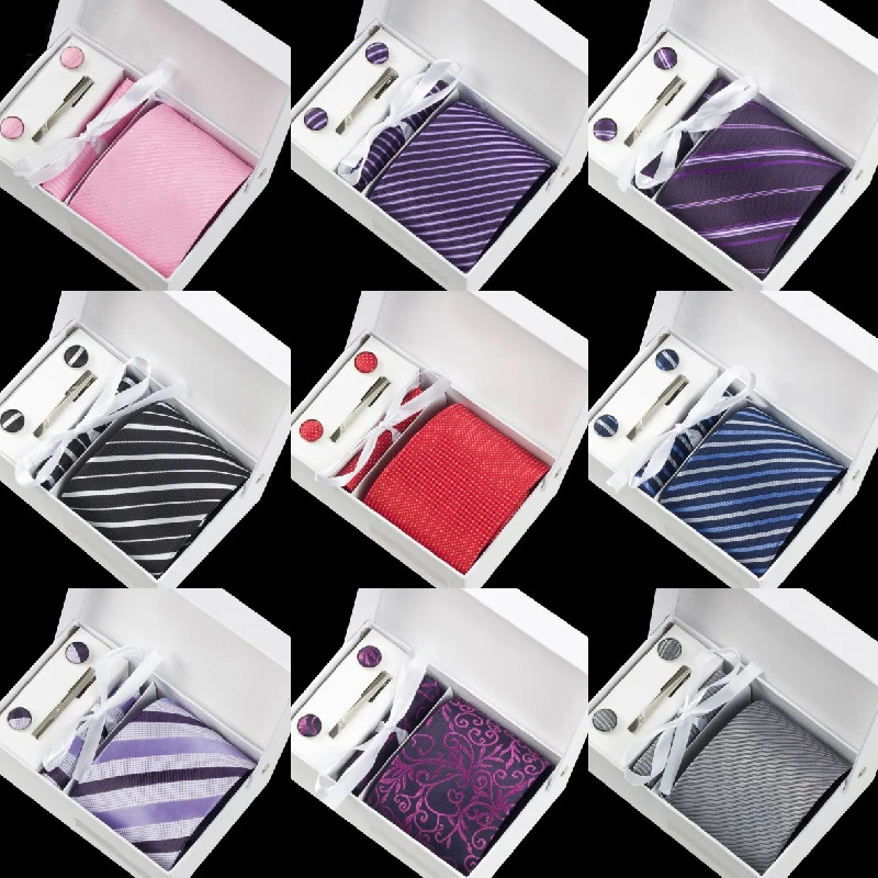 

New Brand 2019 Men 8CM Ties High Quality Luxury Sets for Cufflink Cravat Tie Clips Handkerchief Plaid Wedding Neckties for Men