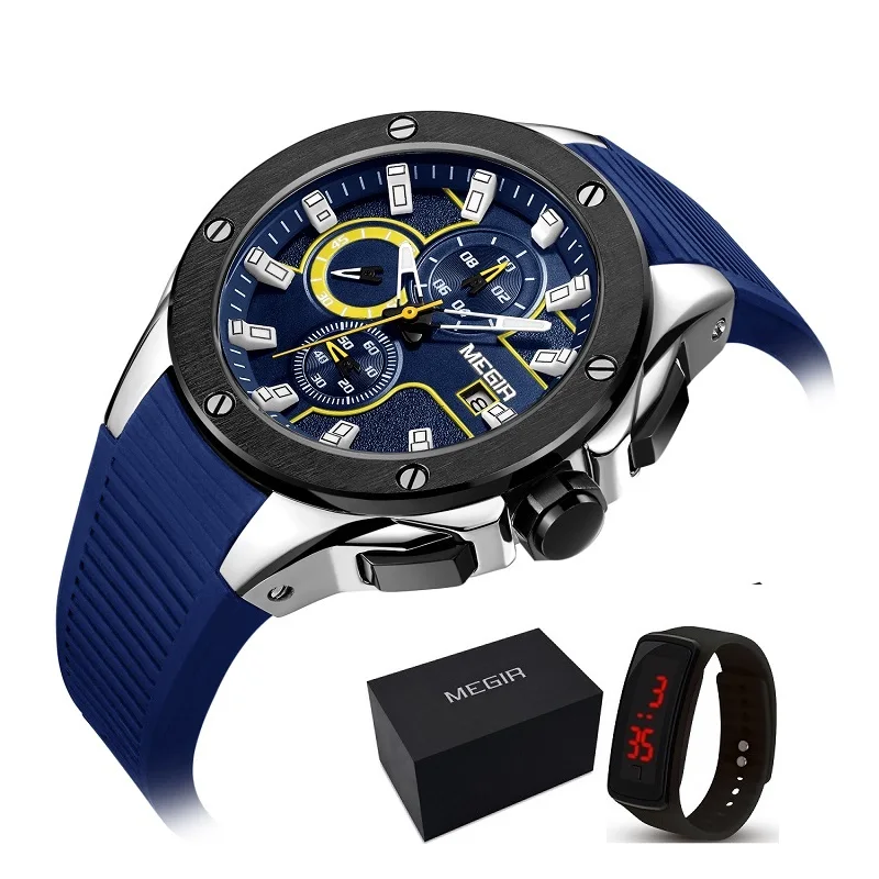 YELLOW BOX GIFT Мужские спортивные кварцевые часы MEGIR с хронографом и силиконовым ремешком, светящиеся водонепроницаемые армейские военные наручные часы, мужские часы 2053 синего цвета - Цвет: YELLOW BOX GIFT
