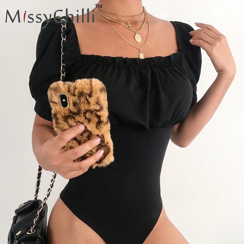 MissyChilli черный кружевной комбинезон с квадратным вырезом женский сексуальный короткий комбинезон с пышными рукавами женский элегантный базовый Летний комбинезон
