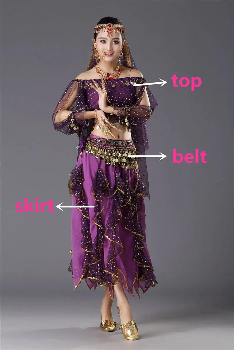 Purple 3pcs Костюмы для танца живота, Египетский сценический танец, индийский танец живота, Женский Болливуд, длинные рукава, Одежда для танцев для девочек - Цвет: Purple 3pcs