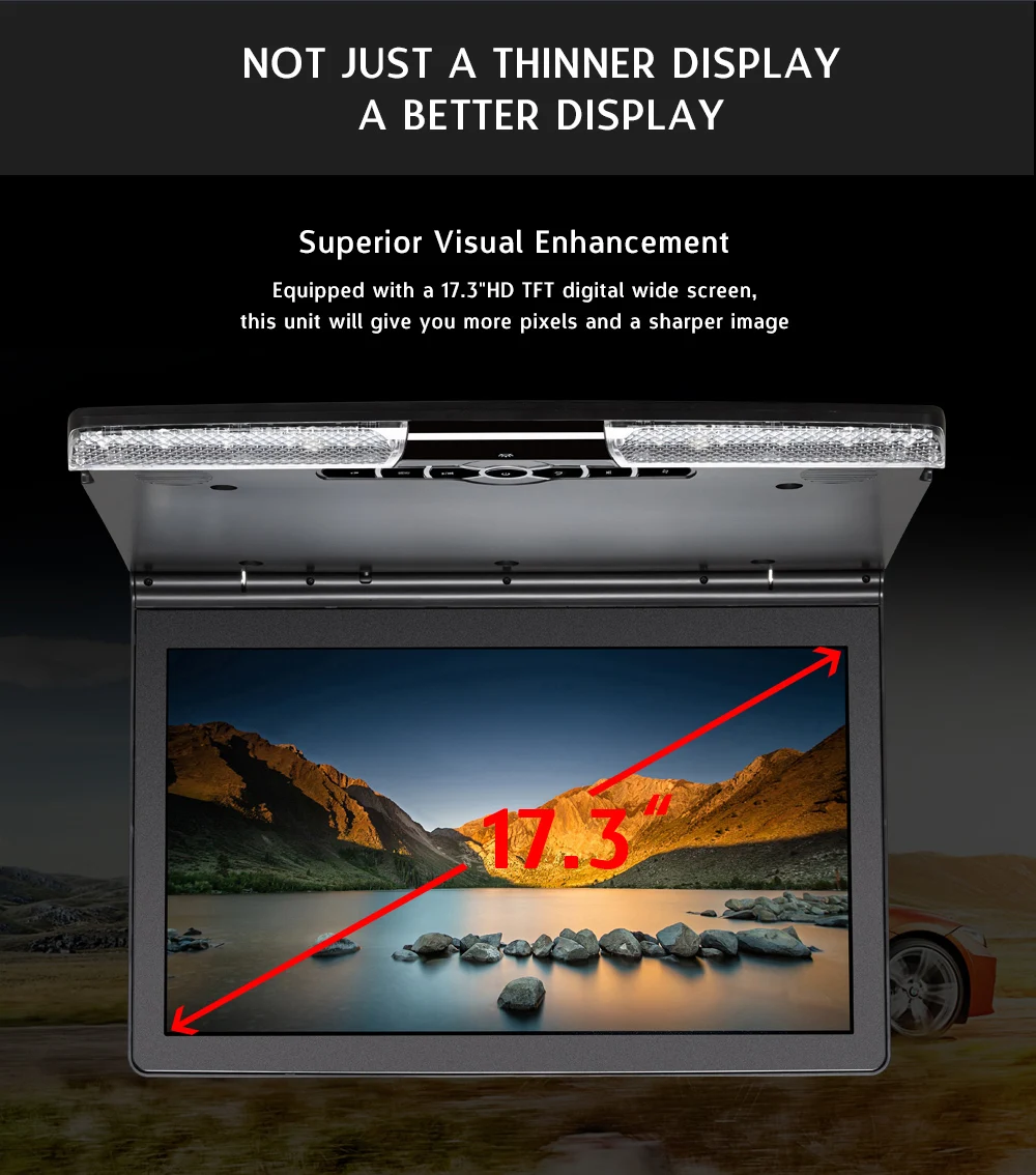 17.3 Inch Car Ceiling Monitor 1920x1080 MP5 Flip Down Roof Mount Car DVD Player with IR FM Transmitter HDMI USB SD Speaker Games