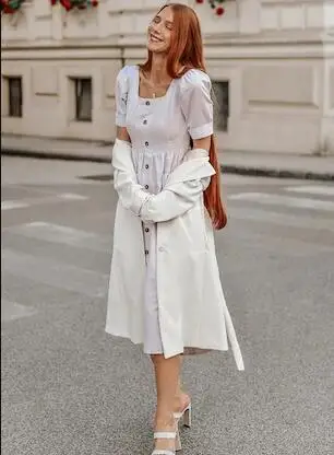 Dotfashion/платье с пышными рукавами и карманами на пуговицах, женская одежда, повседневное летнее платье-рубашка с квадратным вырезом и высокой талией