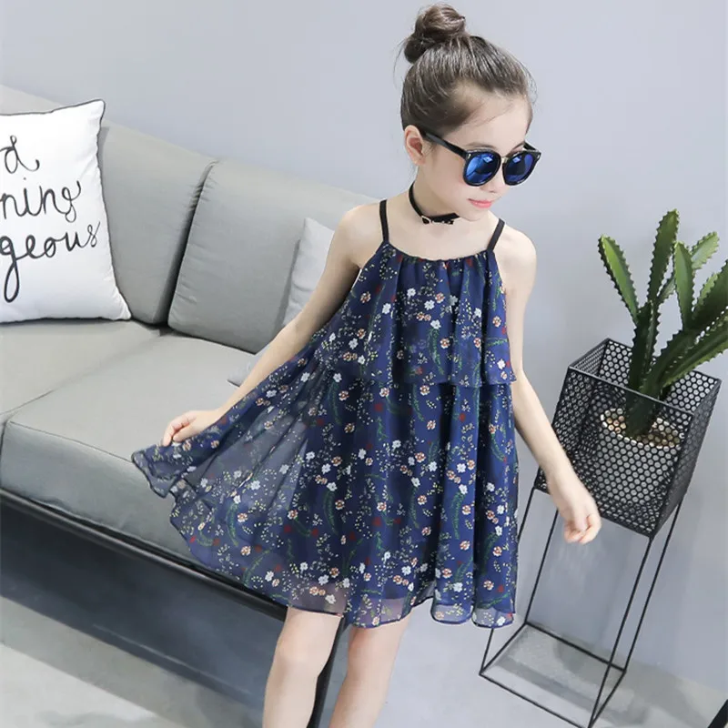 

DFXD Kids Girls Summer Dress 2018 New Cute Girl Sleeveless Flower Print Strap Dress Teenager Girls Chiffon Beach Dress 3-14T