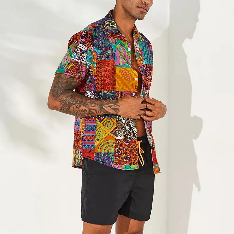 MJARTORIA Men's Retro Beach Shirt Fashion Floral Print Short Sleeve Casual Button Down Ethnic Style Shirt