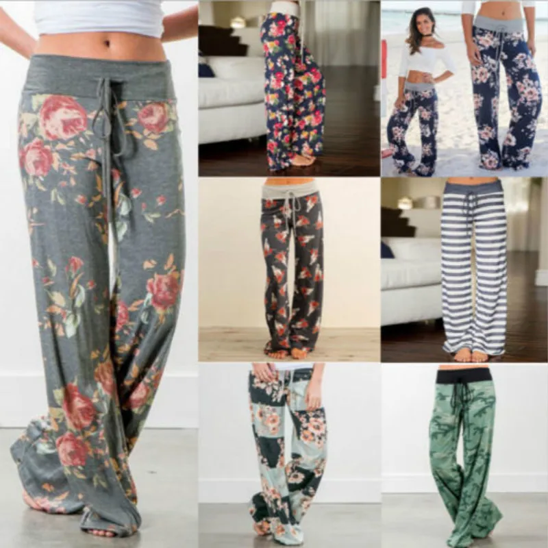 2018 женские длинные брюки Boho с высокой талией на шнуровке палаццо мешковатые