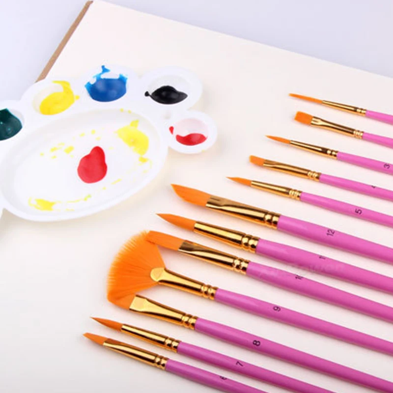 12Pcs Acrylic Paint Brush Nylon Hair Artists Set Painting Watercolor Flabellum Pointed Tip Art Supplies Drop Ship | Дом и сад