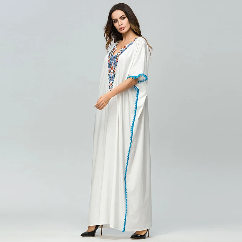 Летние Винтаж Boho пляж белый Платье макси с цветочной вышивкой в богемном стиле