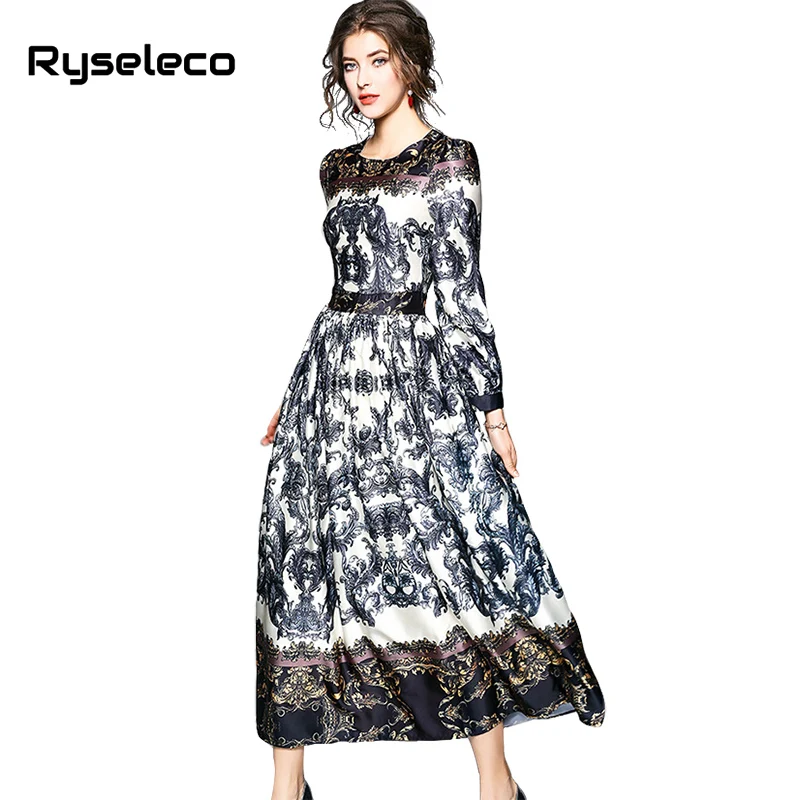 

New Europe Quality Runway Prints Long Lantern Sleeve Women Fashion Long Dresses Vintage Elegant Large Swing Maxi Party Vestidos