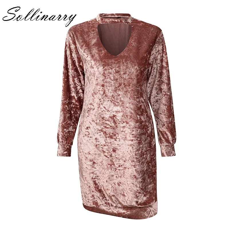 Sollinarry Women Winter Dresses Robe Femme Velvet Sexy Hollow Out Dress Long Sleeve Casual Vestidos | Женская одежда