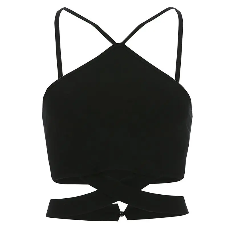 Женский топ на бретельках с открытой спиной черный укороченный модный дизайн