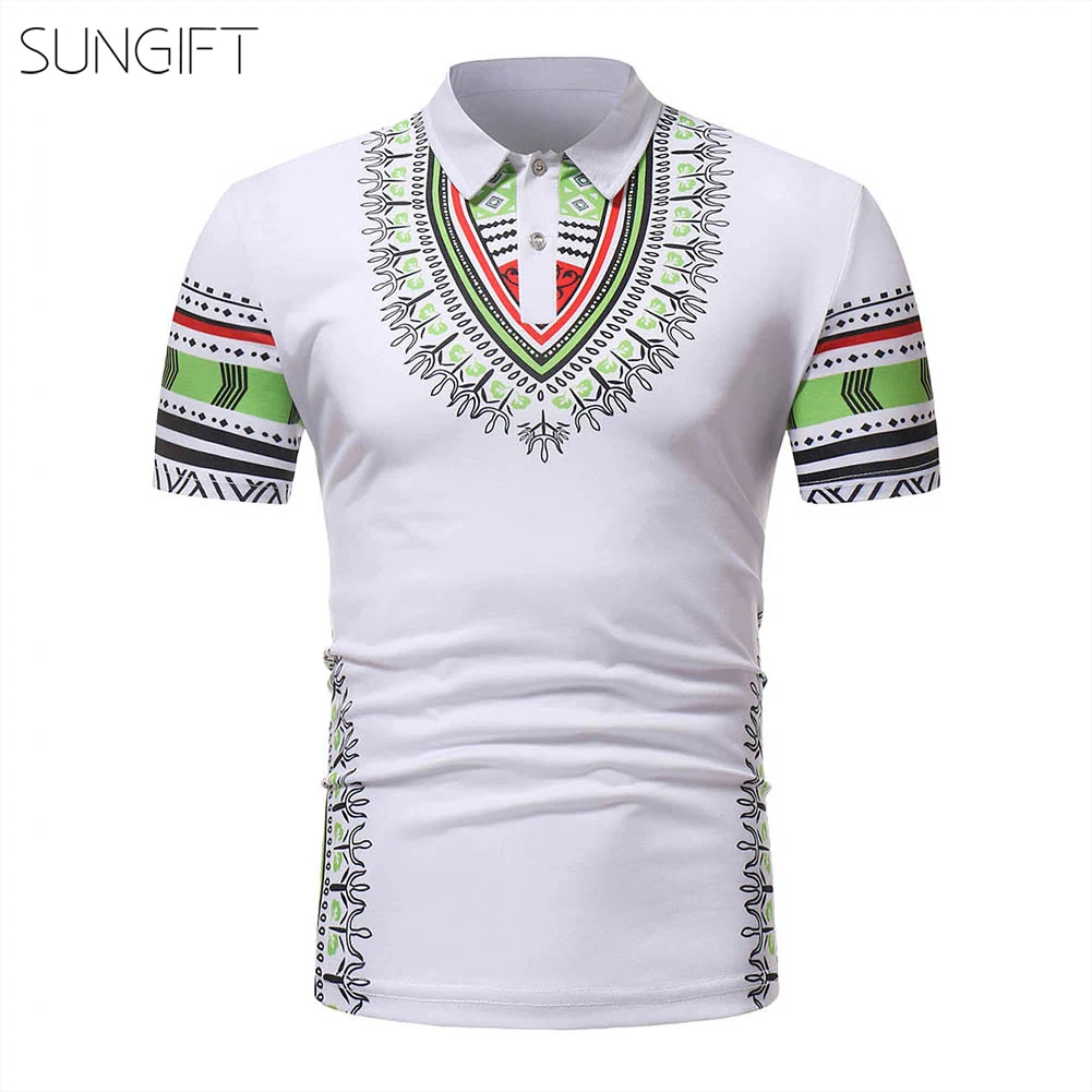 SUNGIFT African Men's Top Dashiki Polo Neck Print Short Sleeve Men Shirt Clothes 2019 Summer Faddish T-Shirt | Тематическая
