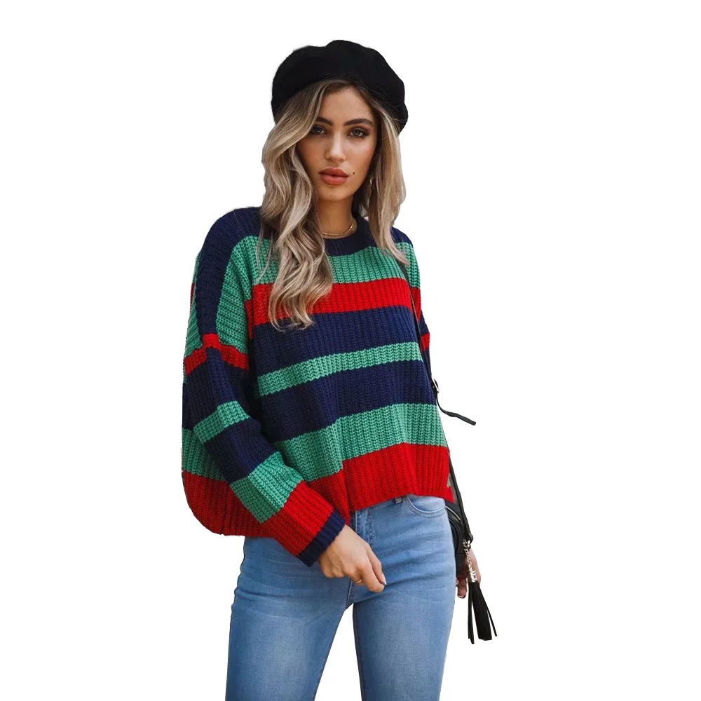 Aselnn Winter Women Colorful Striped Sweater Long Sleeves O-neck Loose Slim Knitted Pullovers Casual Blusas De Inverno Feminina | Женская